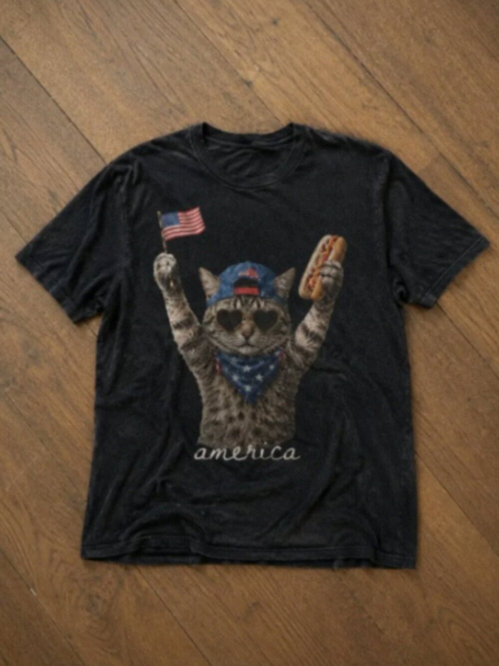Humorous patriotic-style T-shirt featuring a cat and a sausage